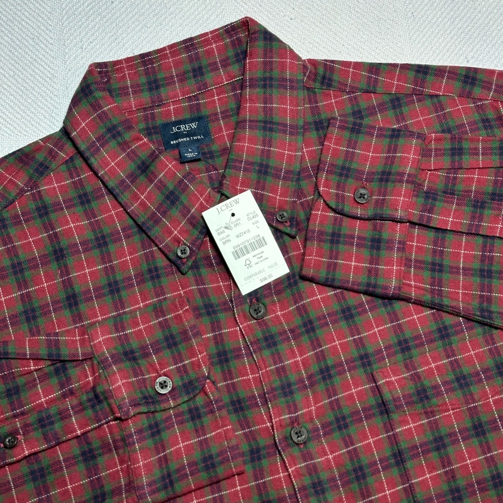 NEW JCrew Button Up Shirt Mens Large Brushed Twill Flannel Red Plaid Pocket NWT